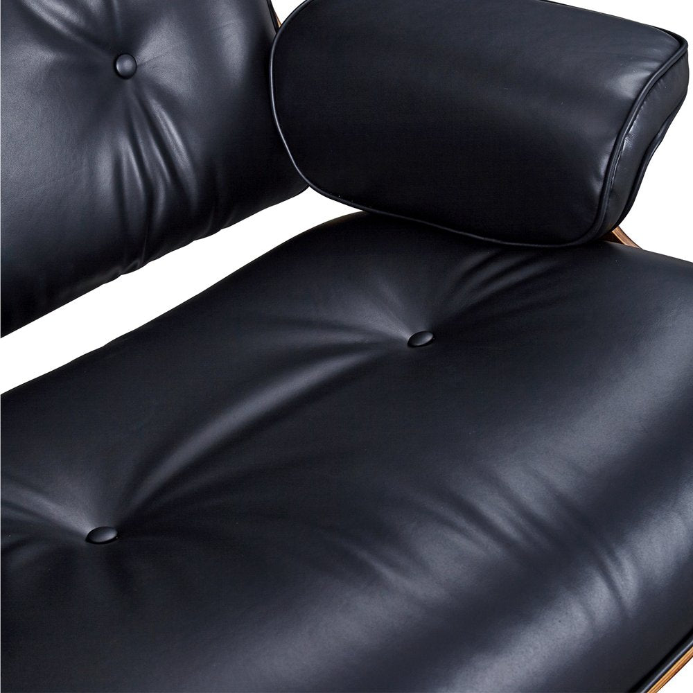 28" Black and Rosewood Tufted Genuine Leather Lounge Chair With Ottoman