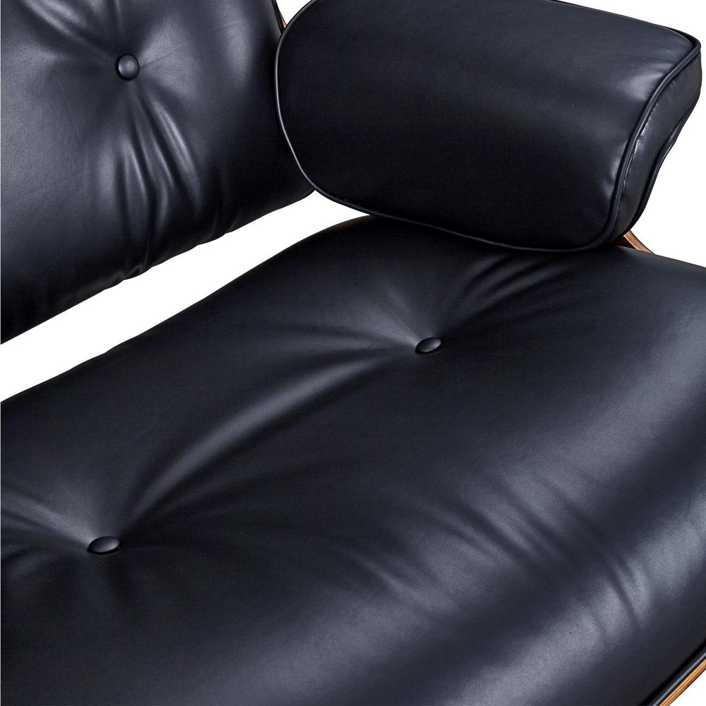 28" Black and Rosewood Tufted Genuine Leather Lounge Chair With Ottoman