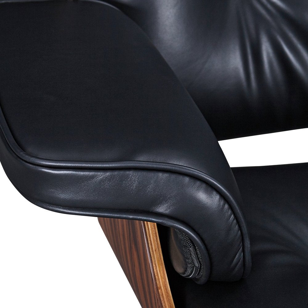 28" Black and Rosewood Tufted Genuine Leather Lounge Chair With Ottoman