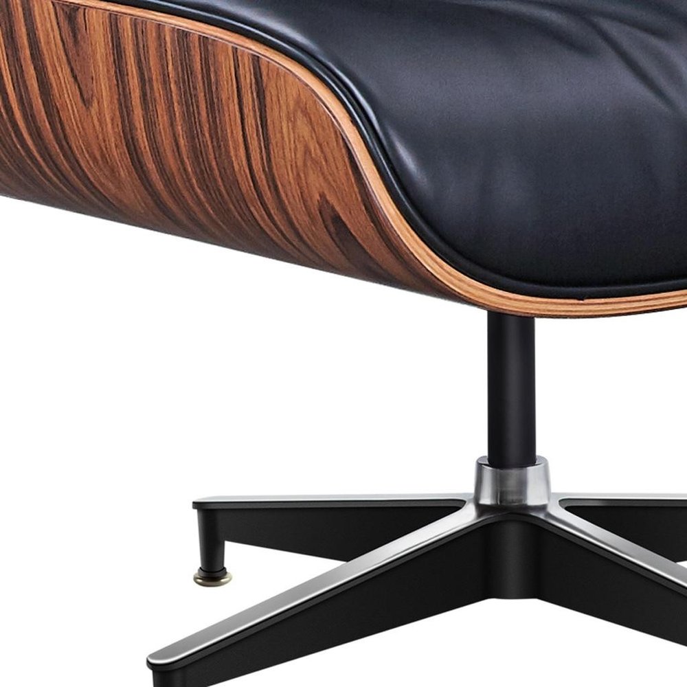 28" Black and Rosewood Tufted Genuine Leather Lounge Chair With Ottoman