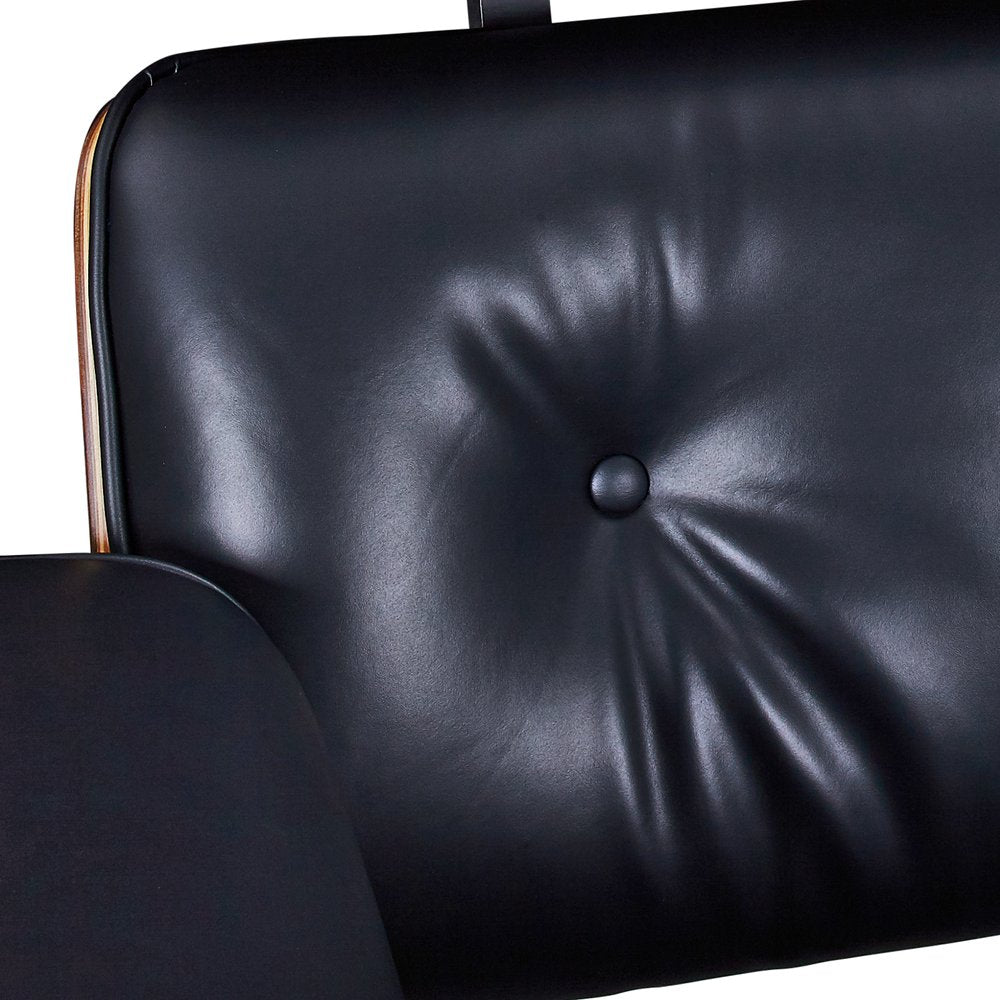 28" Black and Rosewood Tufted Genuine Leather Lounge Chair With Ottoman