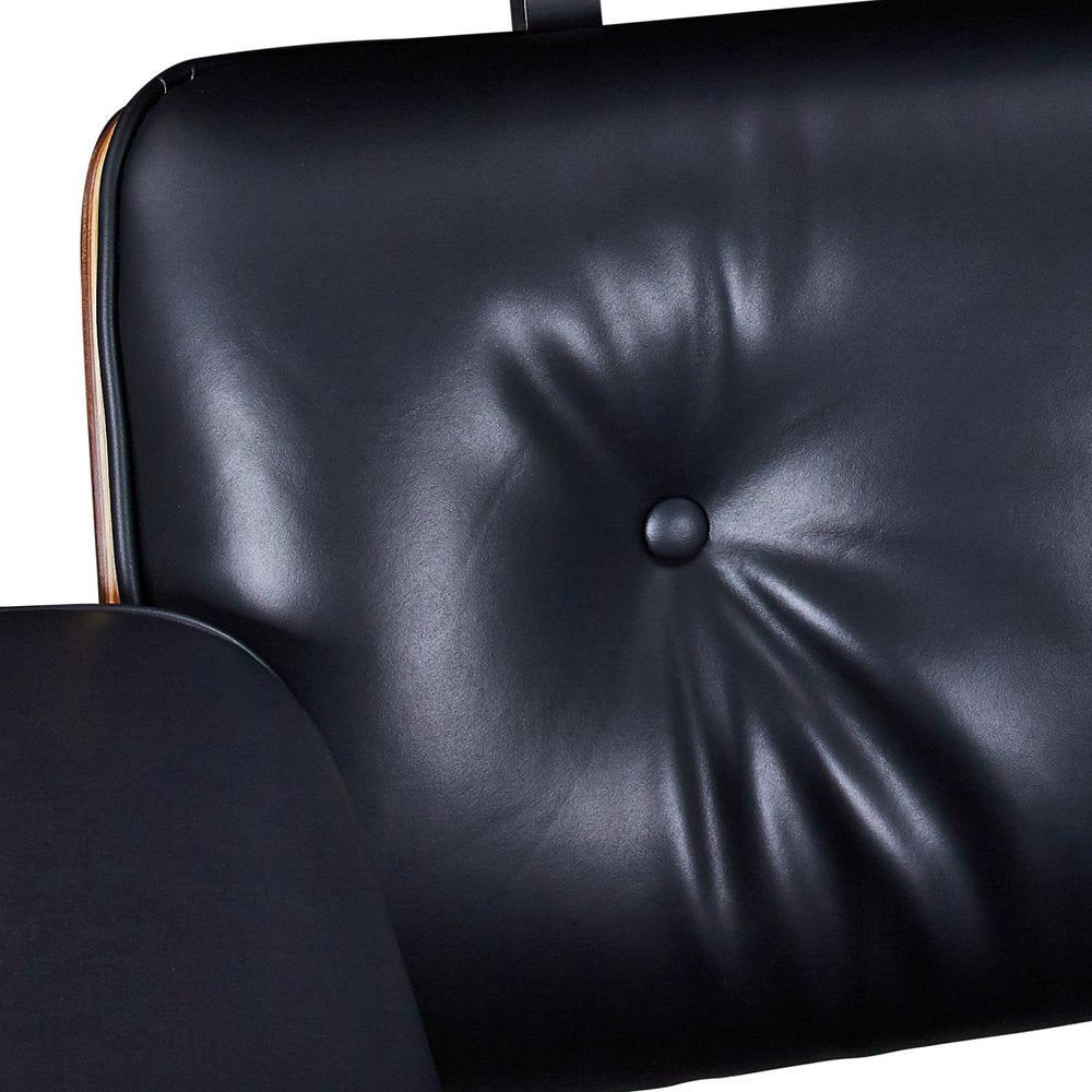 28" Black and Rosewood Tufted Genuine Leather Lounge Chair With Ottoman