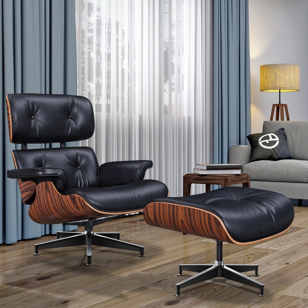 28" Black and Rosewood Tufted Genuine Leather Lounge Chair With Ottoman