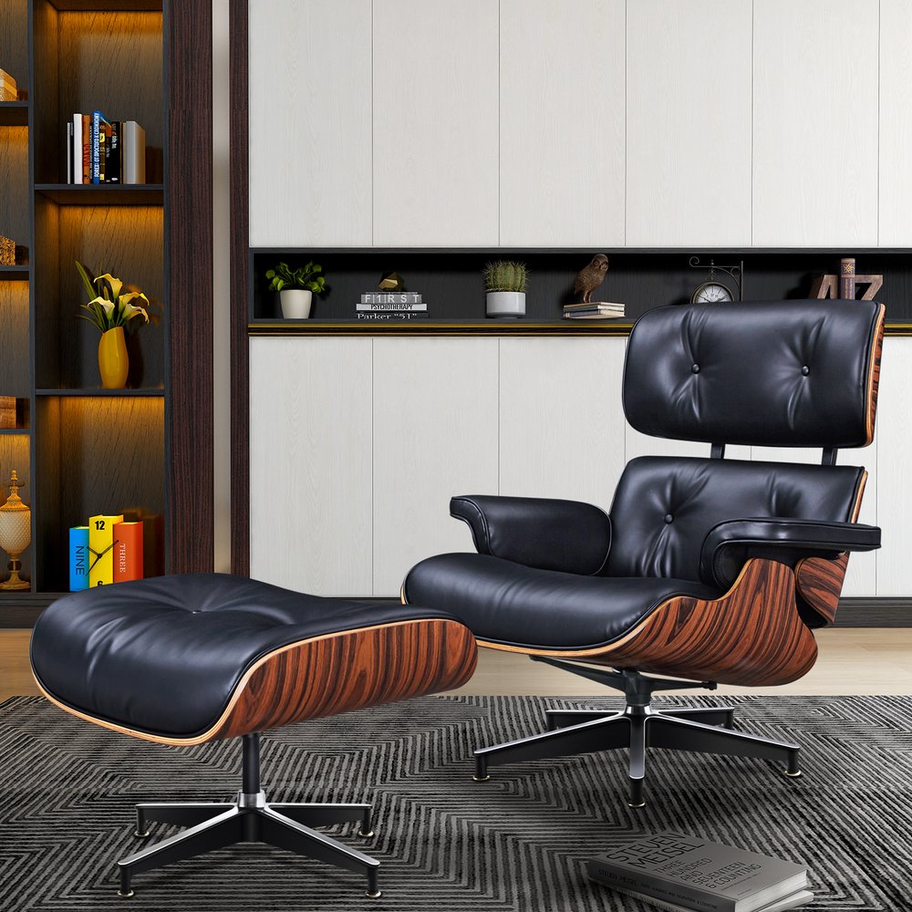 28" Black and Rosewood Tufted Genuine Leather Lounge Chair With Ottoman