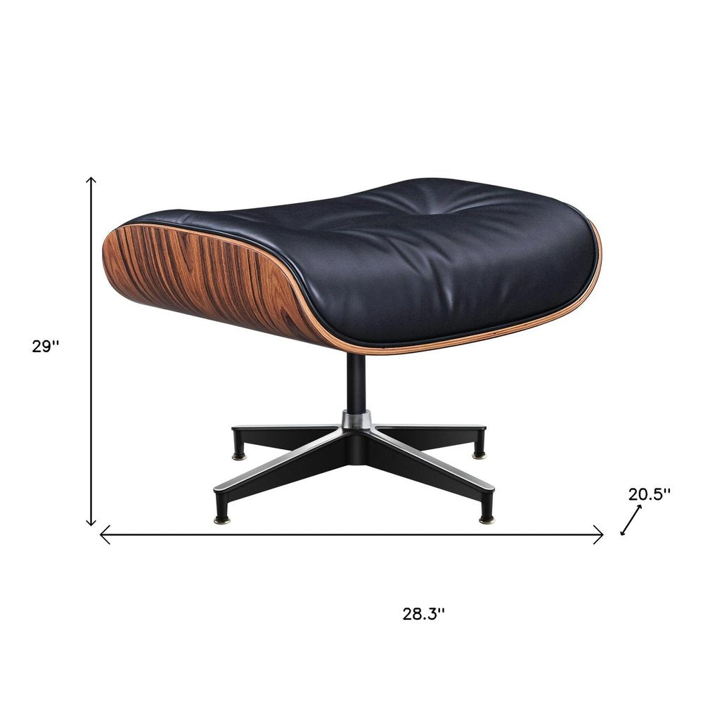 28" Black and Rosewood Tufted Genuine Leather Lounge Chair With Ottoman