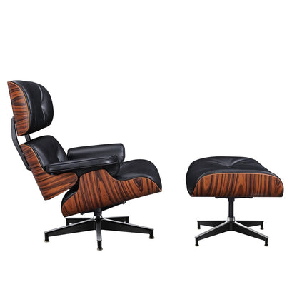 28" Black and Rosewood Tufted Genuine Leather Lounge Chair With Ottoman