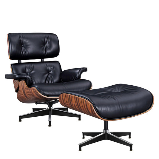 28" Black and Rosewood Tufted Genuine Leather Lounge Chair With Ottoman