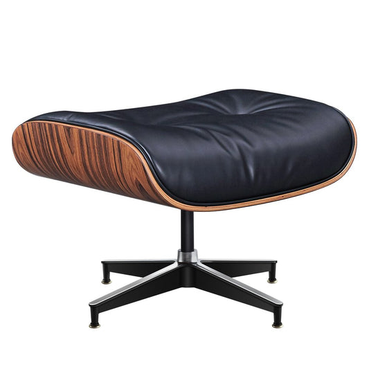 28" Black and Rosewood Tufted Genuine Leather Lounge Chair With Ottoman