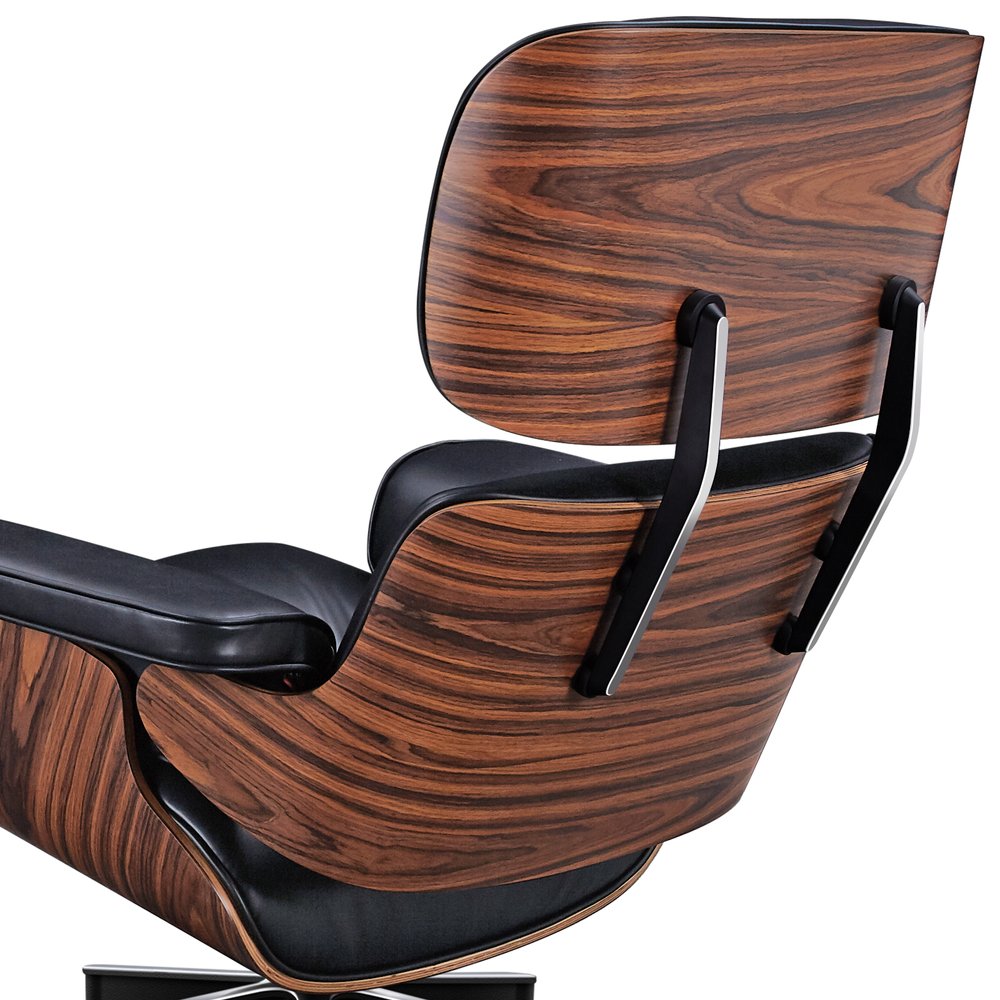 28" Black and Rosewood Tufted Genuine Leather Lounge Chair With Ottoman