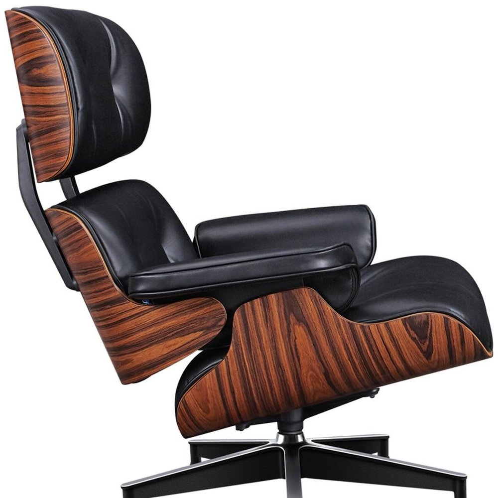 28" Black and Rosewood Tufted Genuine Leather Lounge Chair With Ottoman