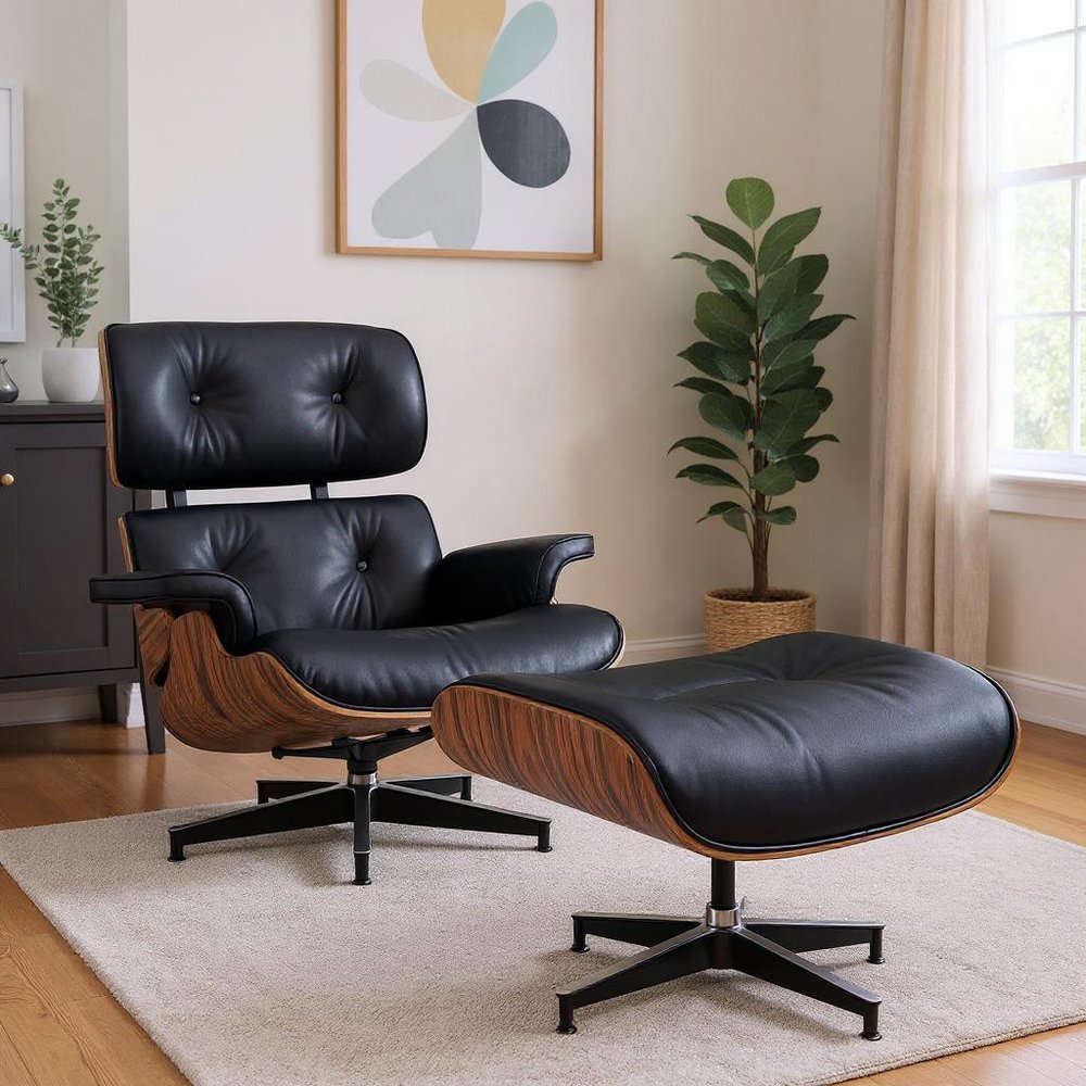 28" Black and Rosewood Tufted Genuine Leather Lounge Chair With Ottoman