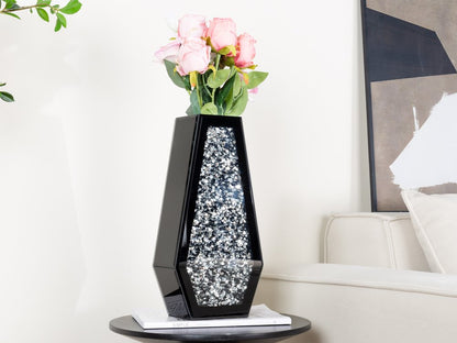 14" Black And Silver Glass Table Vase With Faux Crystals