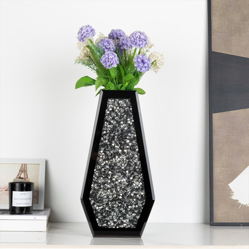 14" Black And Silver Glass Table Vase With Faux Crystals