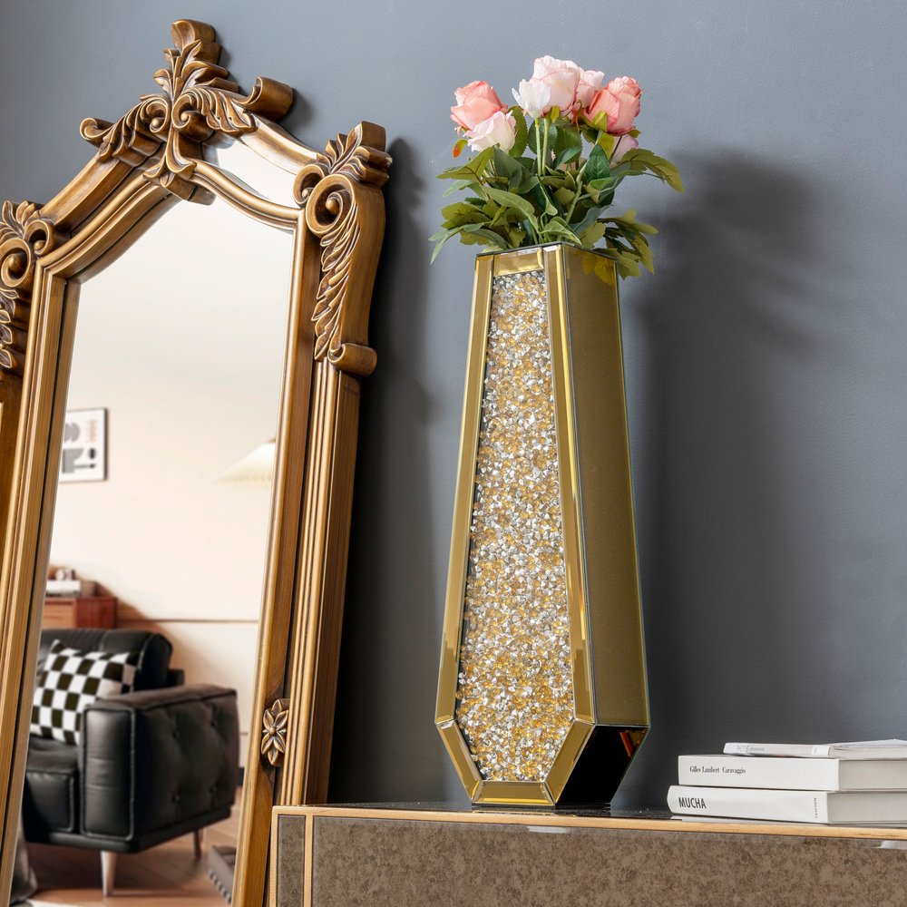 24" Gold Crystal Glass Floor Vase With Faux Crystals