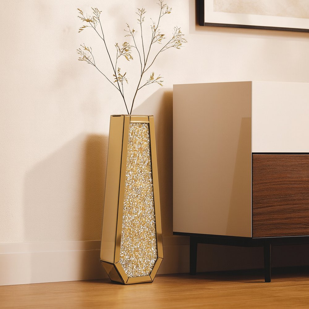 24" Gold Crystal Glass Floor Vase With Faux Crystals