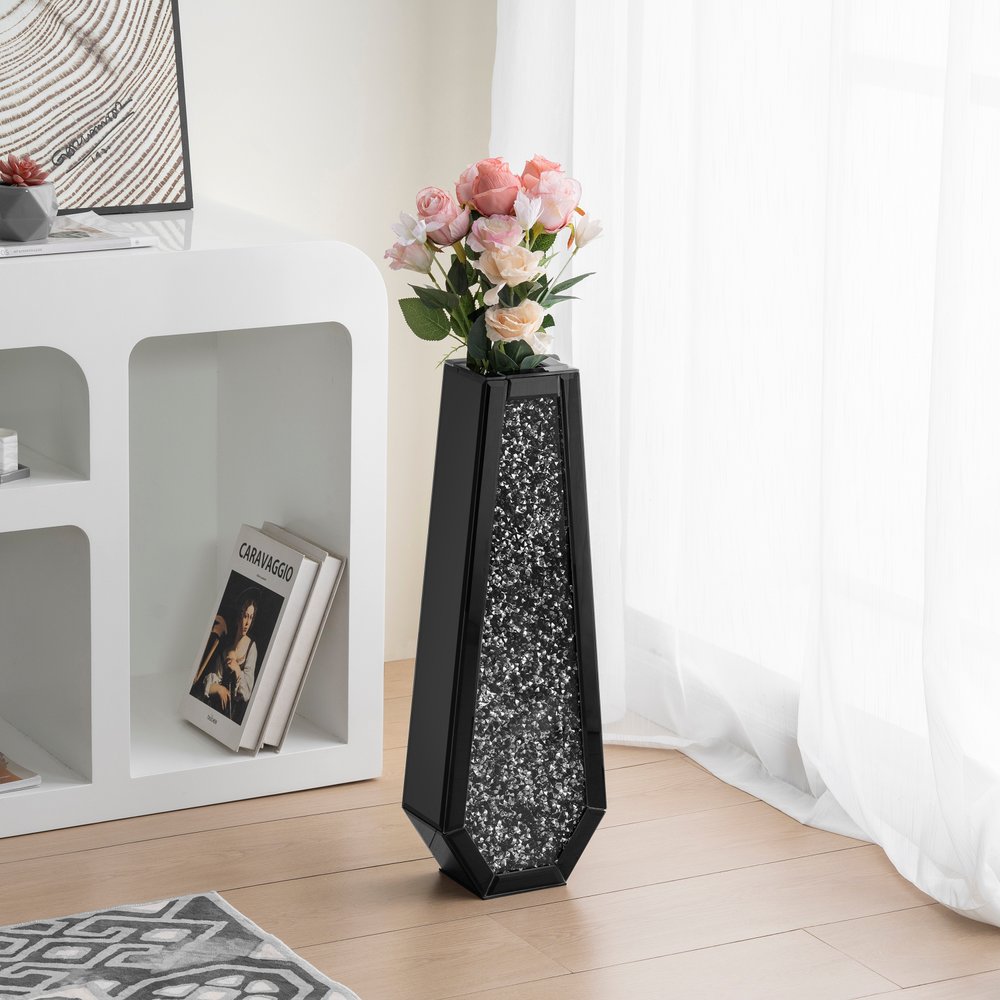 24" Black Crystal Glass Floor Vase With Faux Crystals
