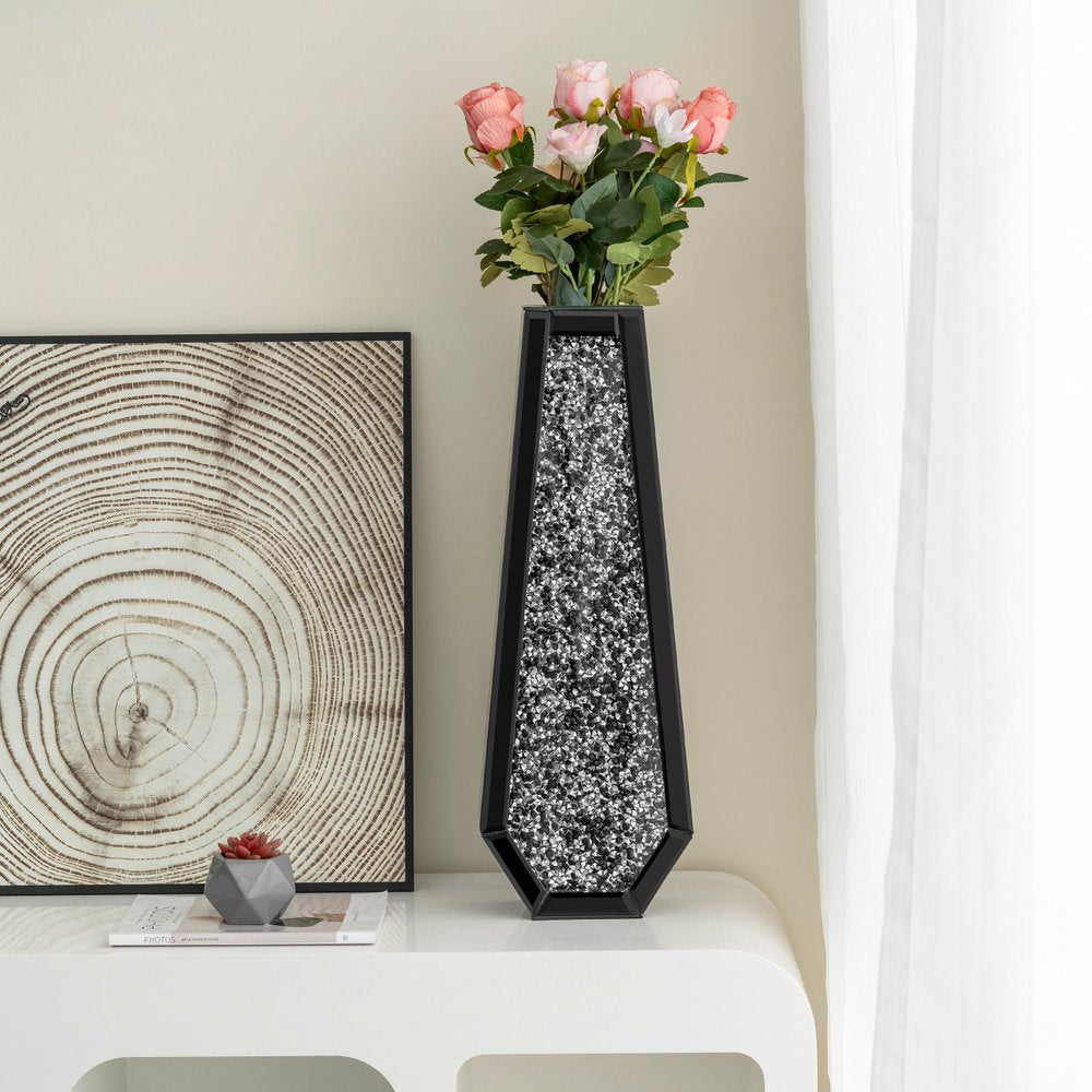 24" Black Crystal Glass Floor Vase With Faux Crystals