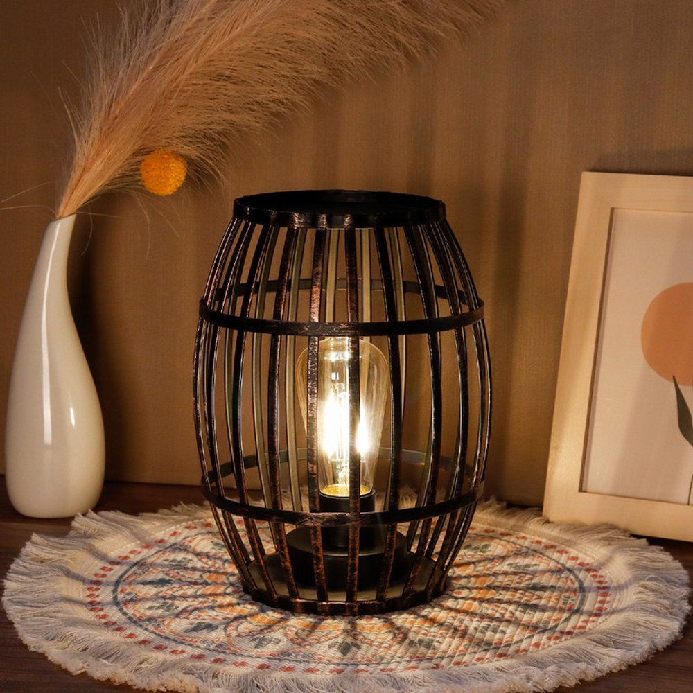 8" Black Battery Operated Novelty Bedside Lamp With Cage Shade