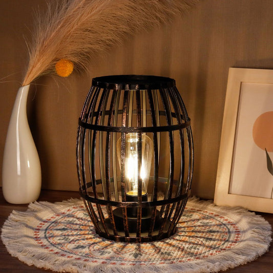8" Black Battery Operated Novelty Bedside Lamp With Cage Shade