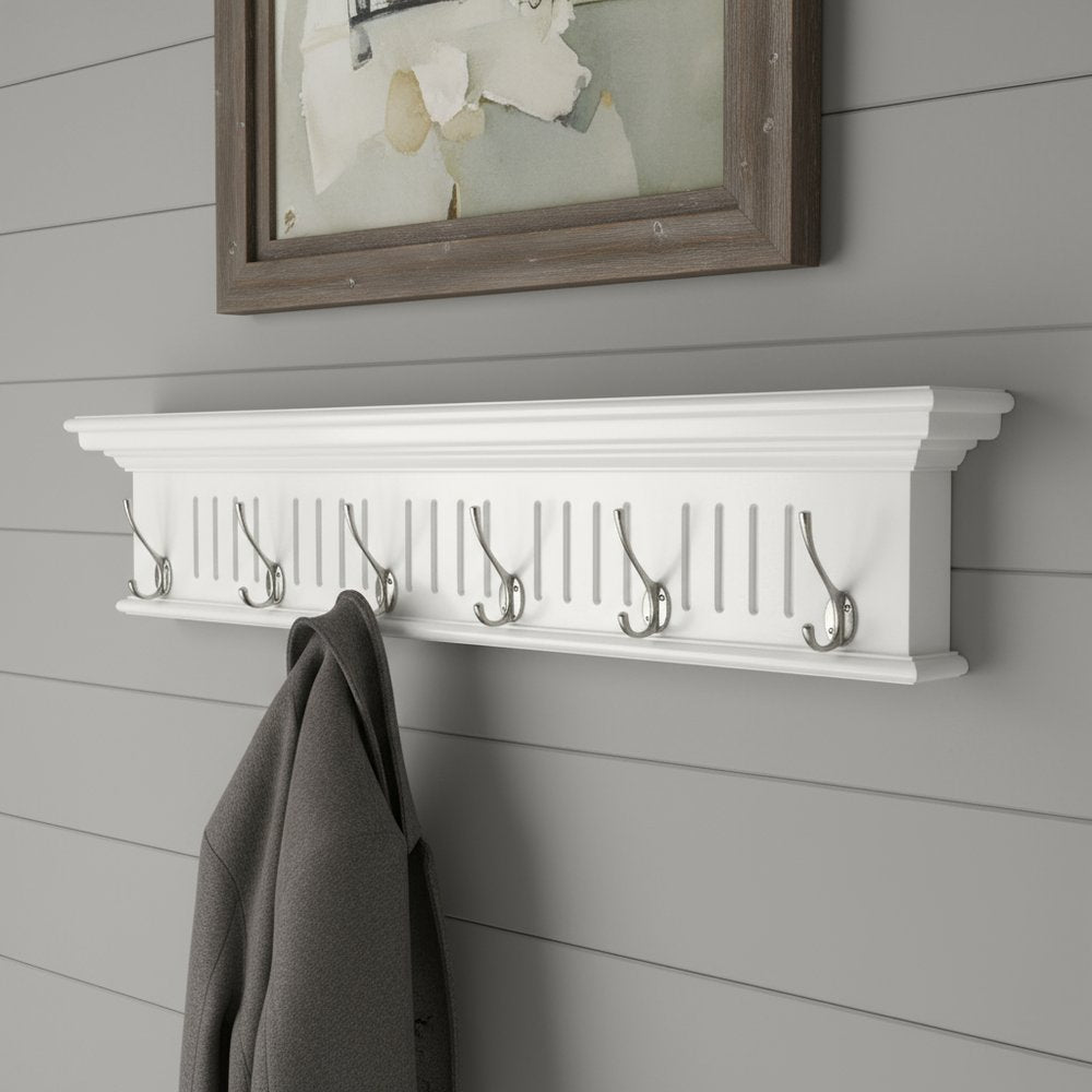 39" White Solid Wood Six Hook Wall Mount Coat Rack
