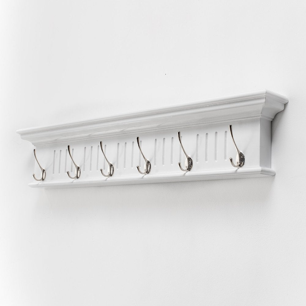 39" White Solid Wood Six Hook Wall Mount Coat Rack