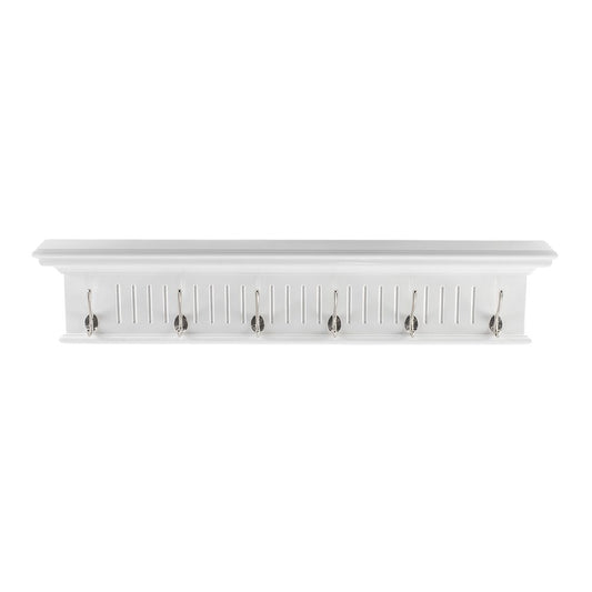 39" White Solid Wood Six Hook Wall Mount Coat Rack