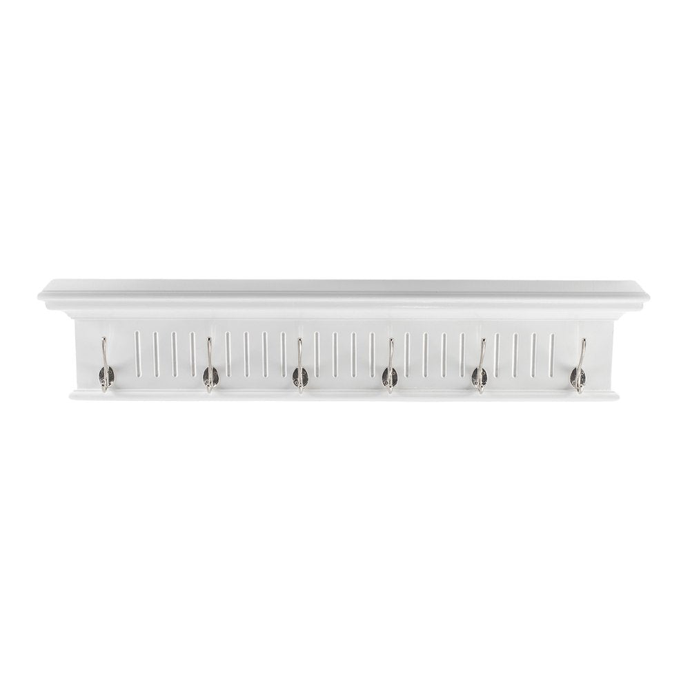 39" White Solid Wood Six Hook Wall Mount Coat Rack