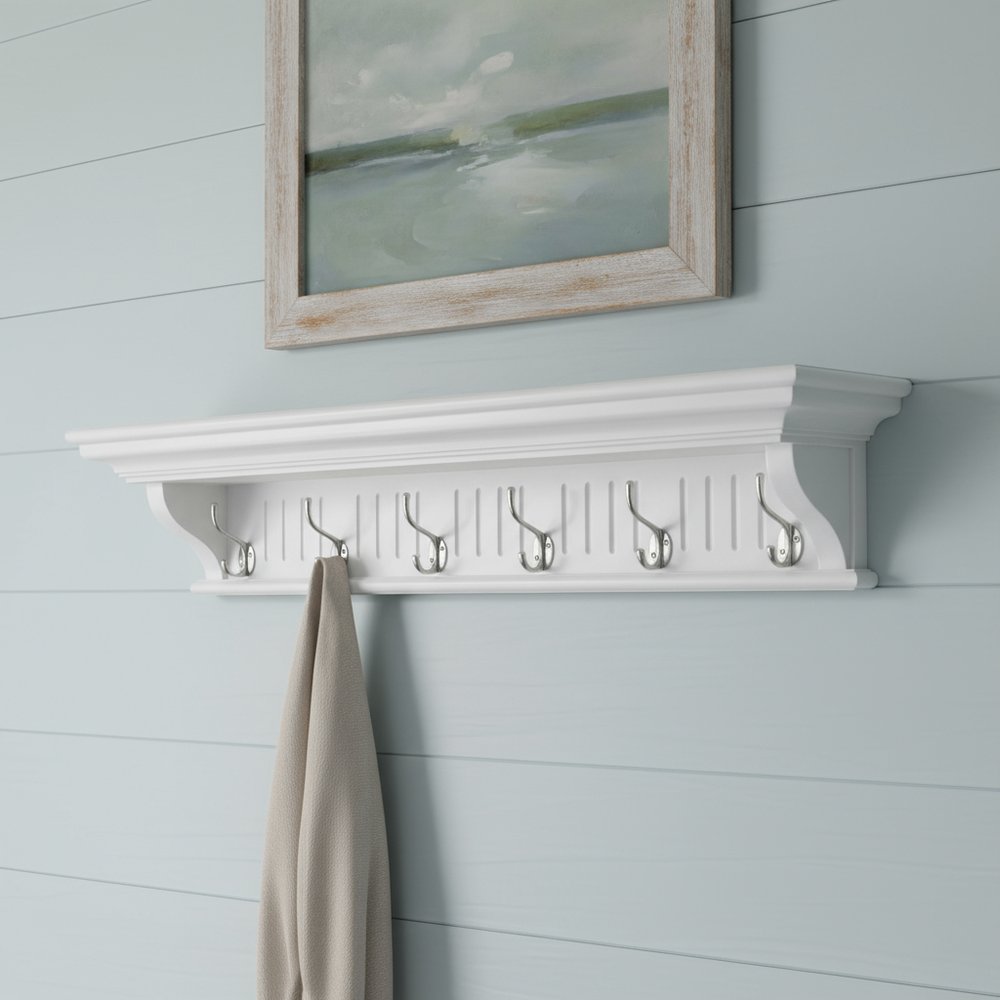 39" White Solid Wood Six Hook Wall Mount Coat Rack