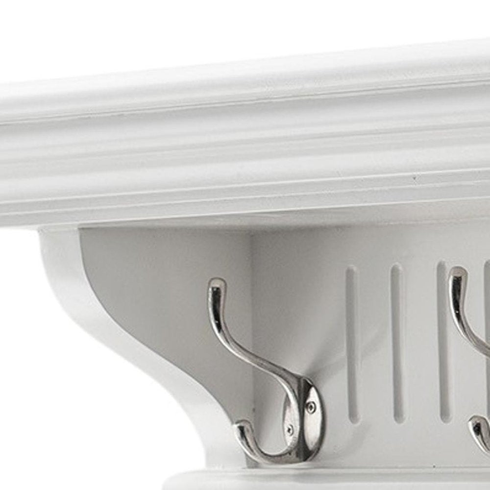 39" White Solid Wood Six Hook Wall Mount Coat Rack