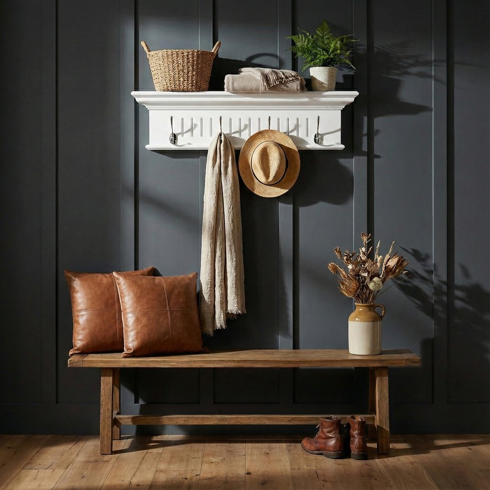 28" White Solid Wood Four Hook Wall Mount Coat Rack