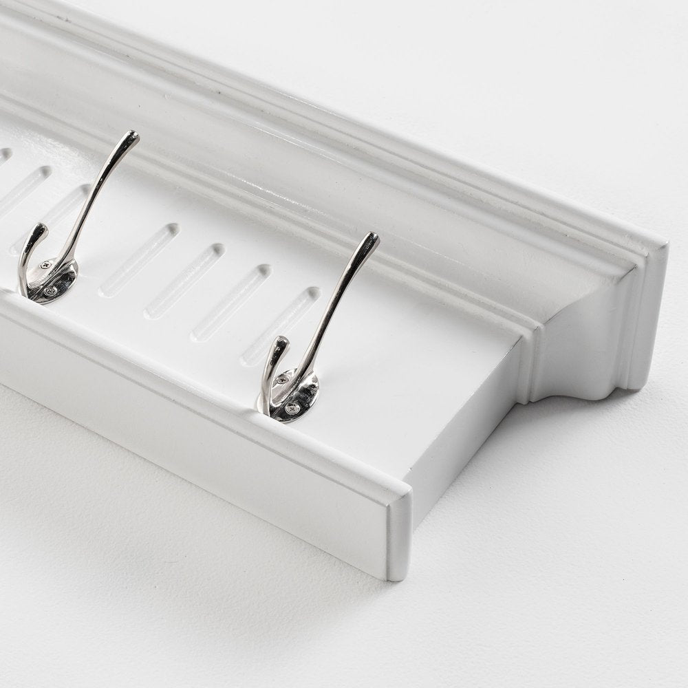 28" White Solid Wood Four Hook Wall Mount Coat Rack