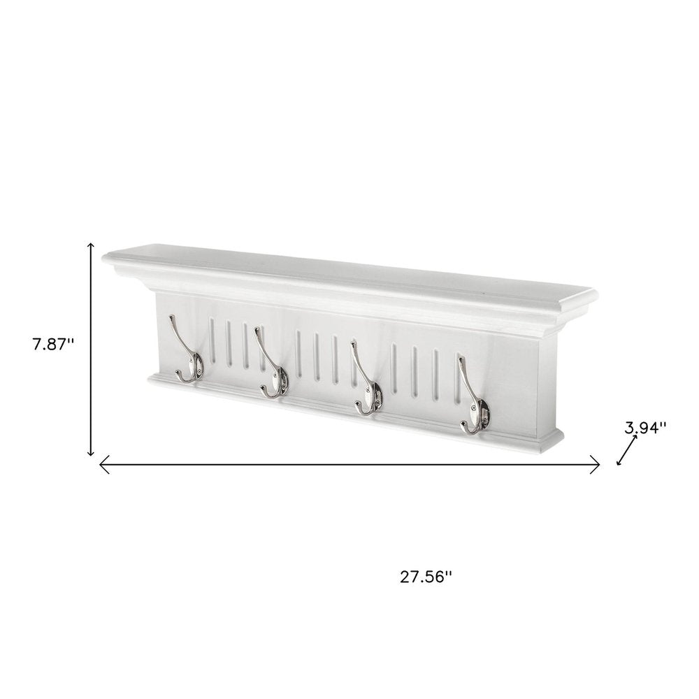 28" White Solid Wood Four Hook Wall Mount Coat Rack