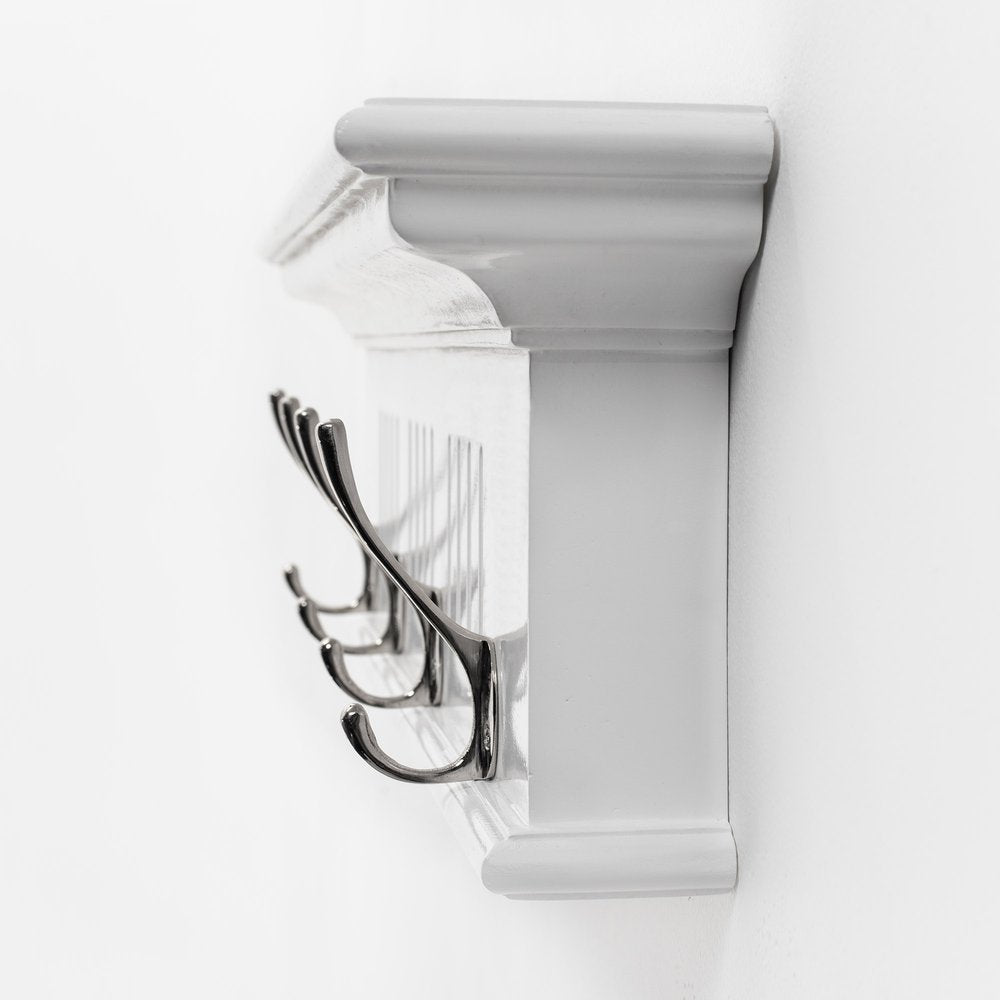 28" White Solid Wood Four Hook Wall Mount Coat Rack