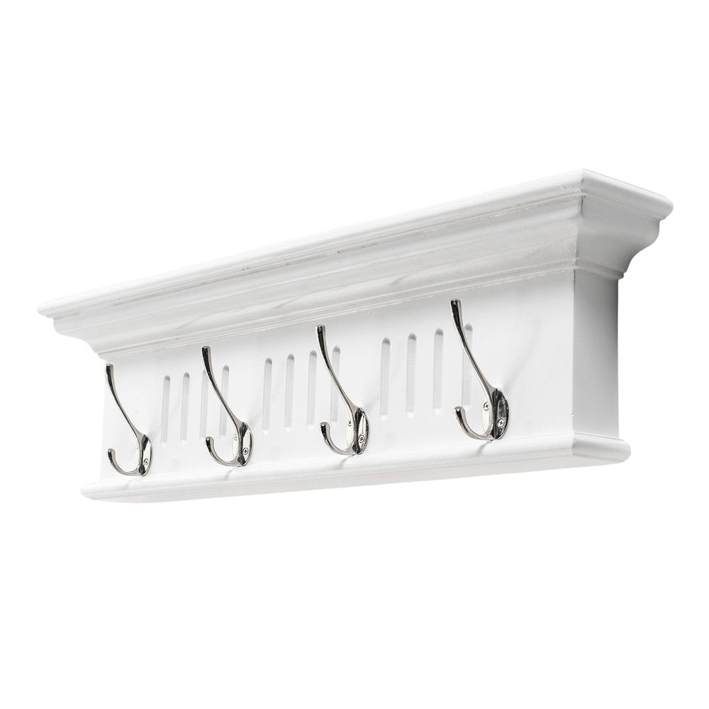 28" White Solid Wood Four Hook Wall Mount Coat Rack