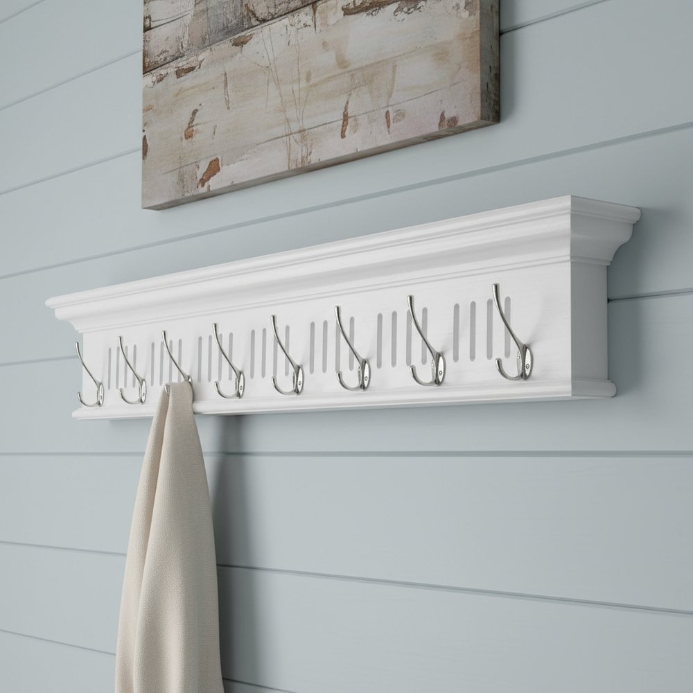 51" White Solid Wood Eight Hook Wall Mount Coat Rack