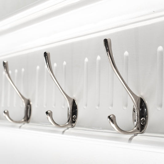 51" White Solid Wood Eight Hook Wall Mount Coat Rack