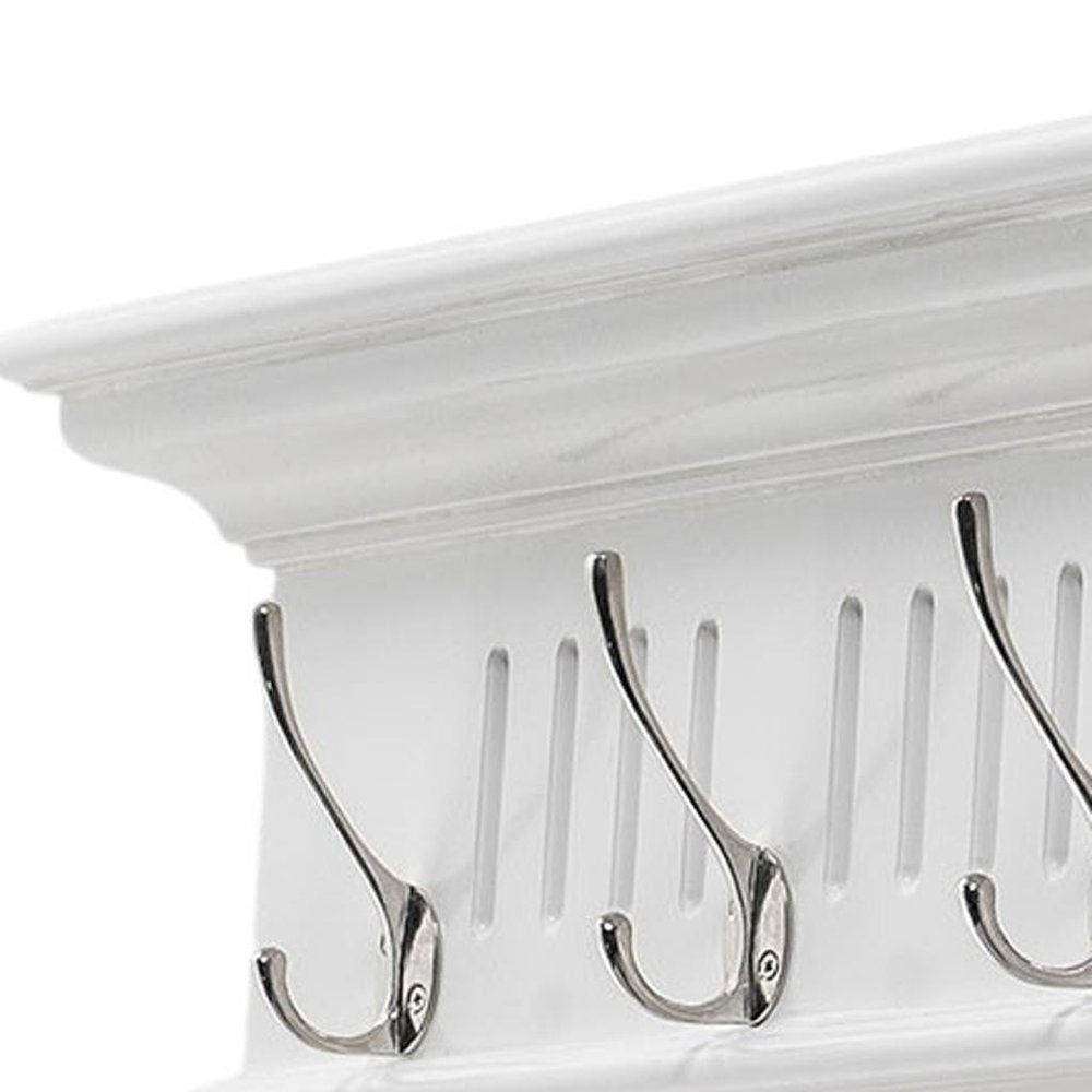 51" White Solid Wood Eight Hook Wall Mount Coat Rack