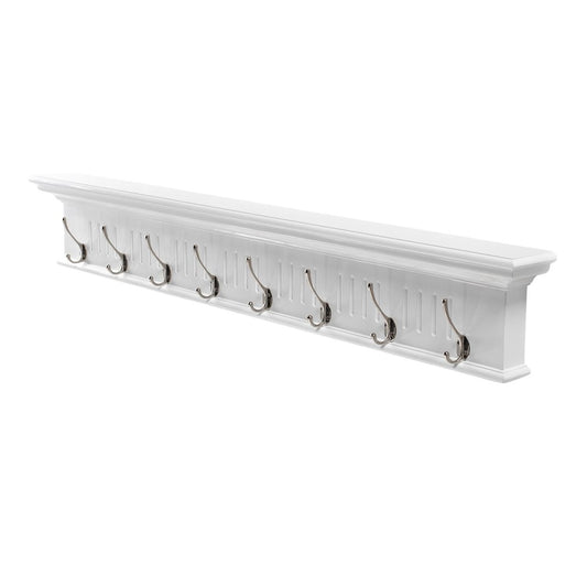 51" White Solid Wood Eight Hook Wall Mount Coat Rack
