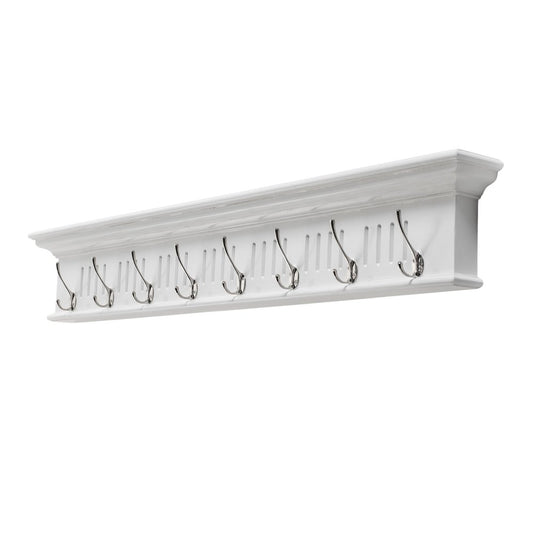51" White Solid Wood Eight Hook Wall Mount Coat Rack