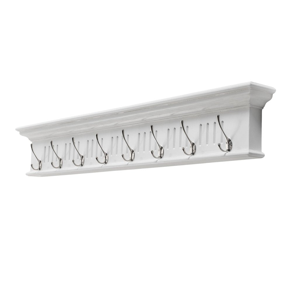 51" White Solid Wood Eight Hook Wall Mount Coat Rack