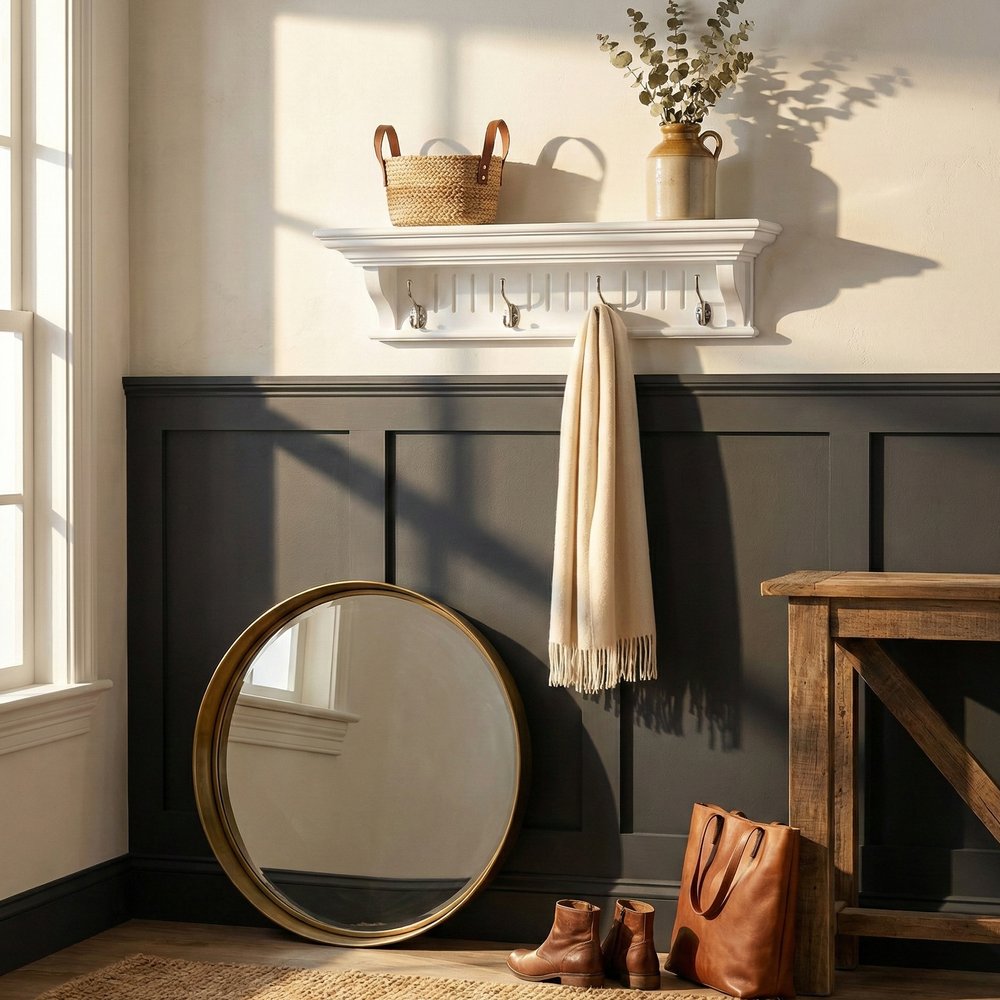 28" White Solid Wood Four Hook Wall Mount Coat Rack