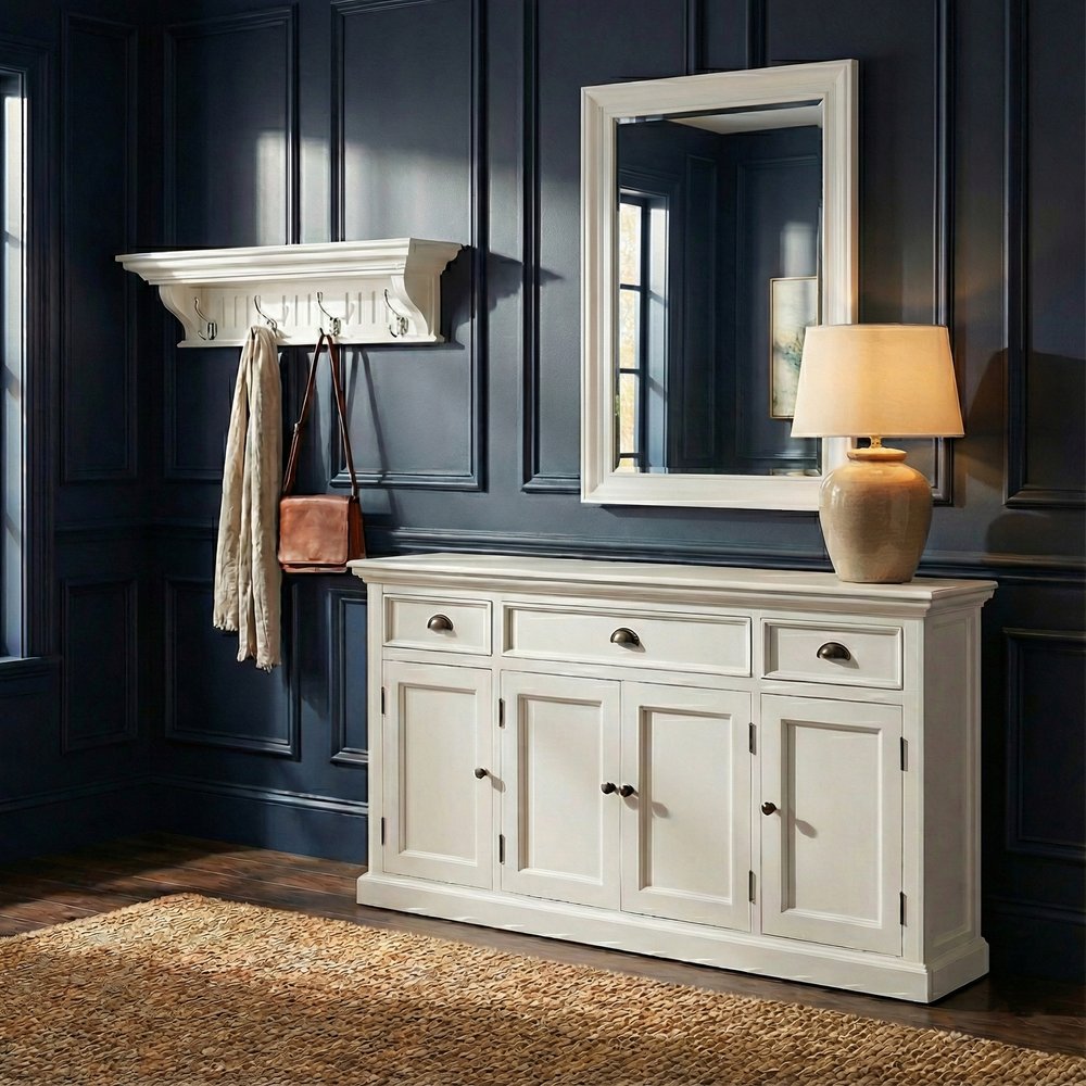 28" White Solid Wood Four Hook Wall Mount Coat Rack