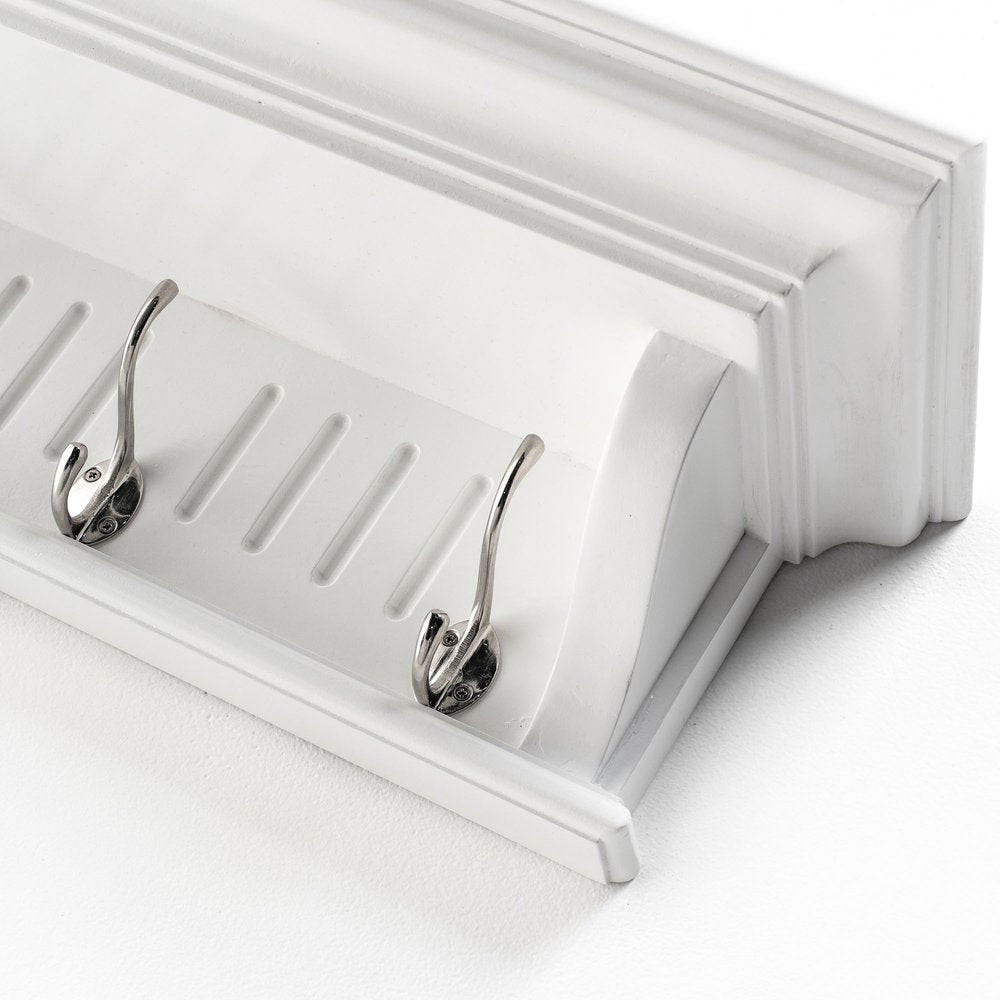 28" White Solid Wood Four Hook Wall Mount Coat Rack