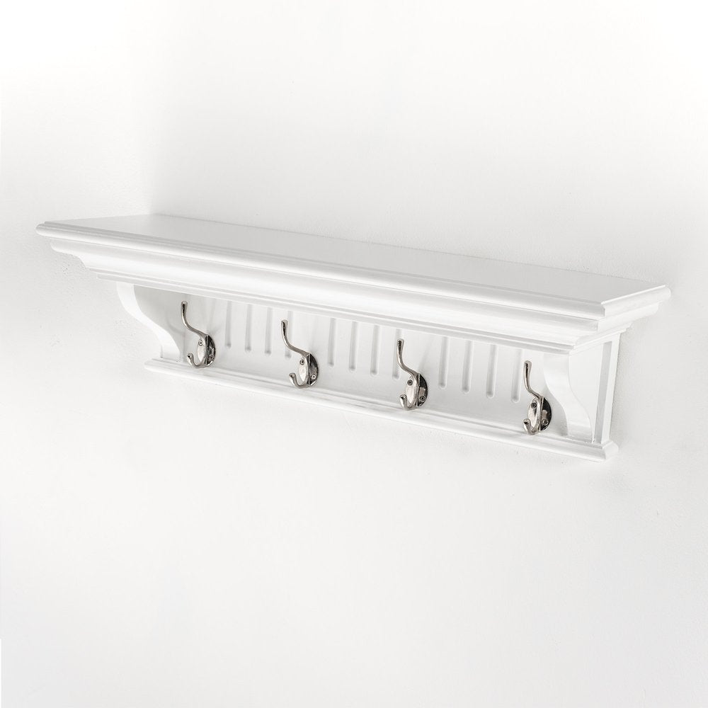 28" White Solid Wood Four Hook Wall Mount Coat Rack