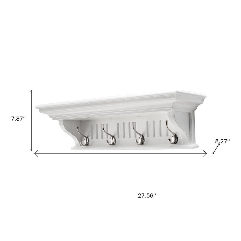 28" White Solid Wood Four Hook Wall Mount Coat Rack