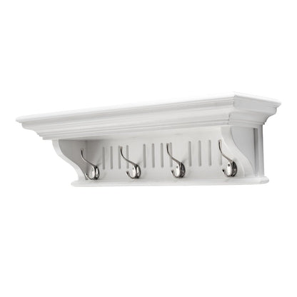 28" White Solid Wood Four Hook Wall Mount Coat Rack