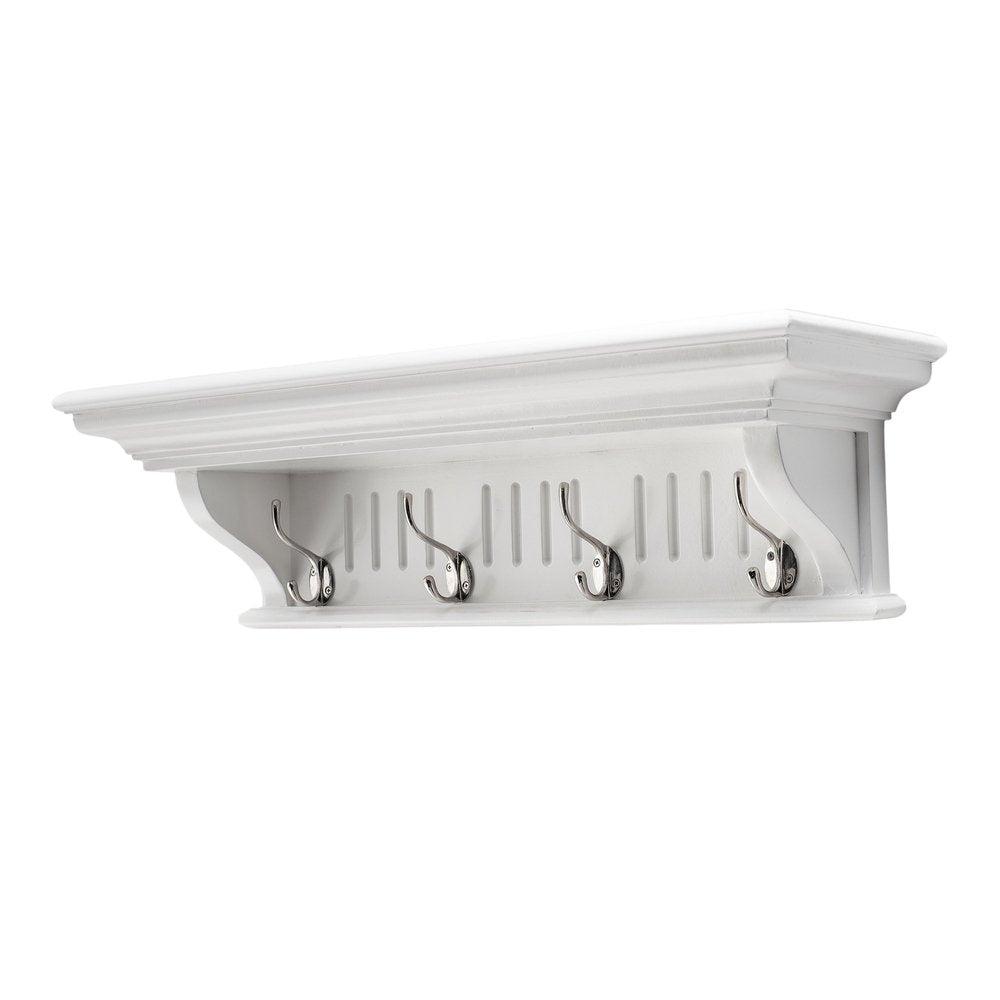28" White Solid Wood Four Hook Wall Mount Coat Rack