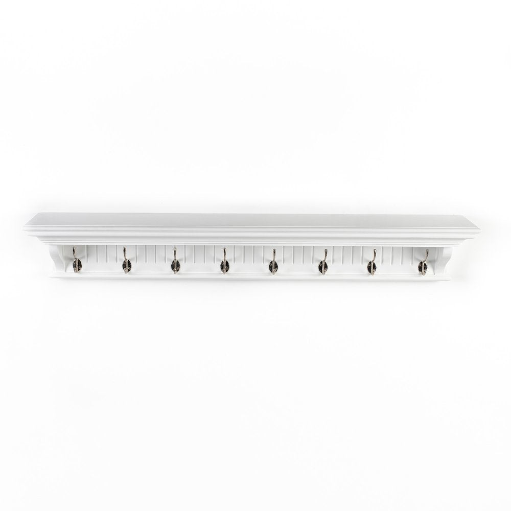 51" White Solid Wood Eight Hook Wall Mount Coat Rack