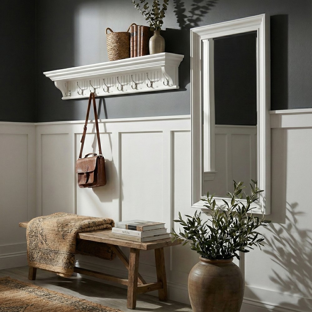 51" White Solid Wood Eight Hook Wall Mount Coat Rack