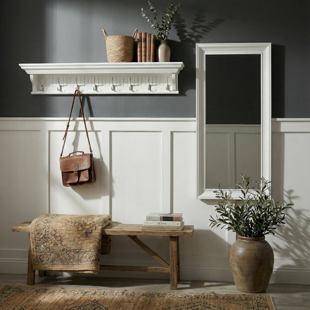 51" White Solid Wood Eight Hook Wall Mount Coat Rack